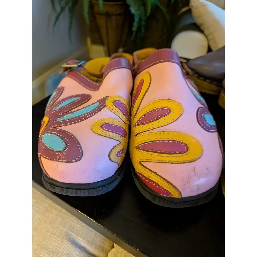 Hanna Andersson Leather Clogs girls EU 33 Pink Floral Leather Wood Sz 1 -2